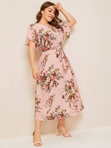 Vestido con cinturón con abertura de ojo con estampado floral - grande - Rosa Pálido - Ver 5