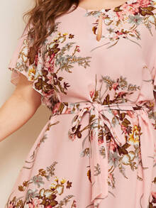 Vestido con cinturón con abertura de ojo con estampado floral - grande - Rosa Pálido - Ver 3