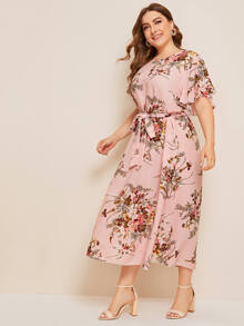 Vestido con cinturón con abertura de ojo con estampado floral - grande - Rosa Pálido - Ver 4