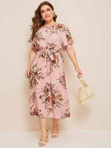 Vestido con cinturón con abertura de ojo con estampado floral - grande - Rosa Pálido - Ver 1