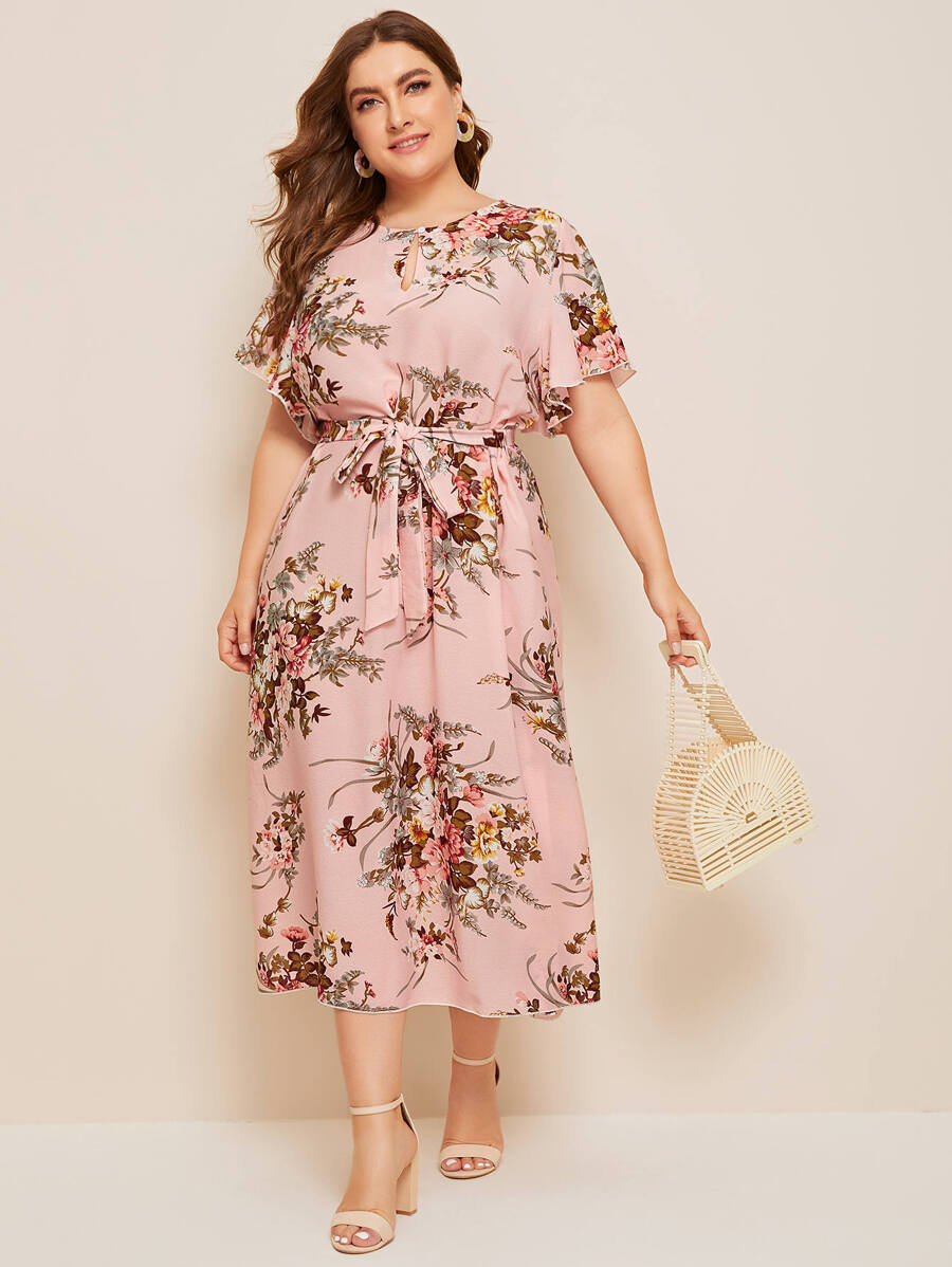 Vestido con cinturón con abertura de ojo con estampado floral - grande - Rosa Pálido - Ver 1