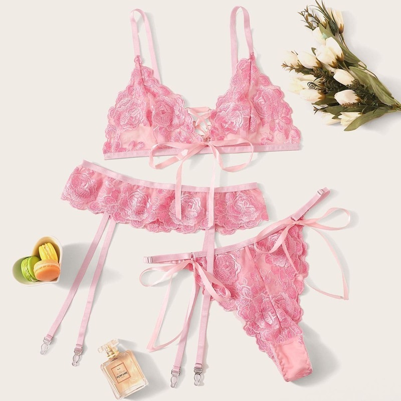 

Floral Embroidered Garter Lingerie Set, Pink