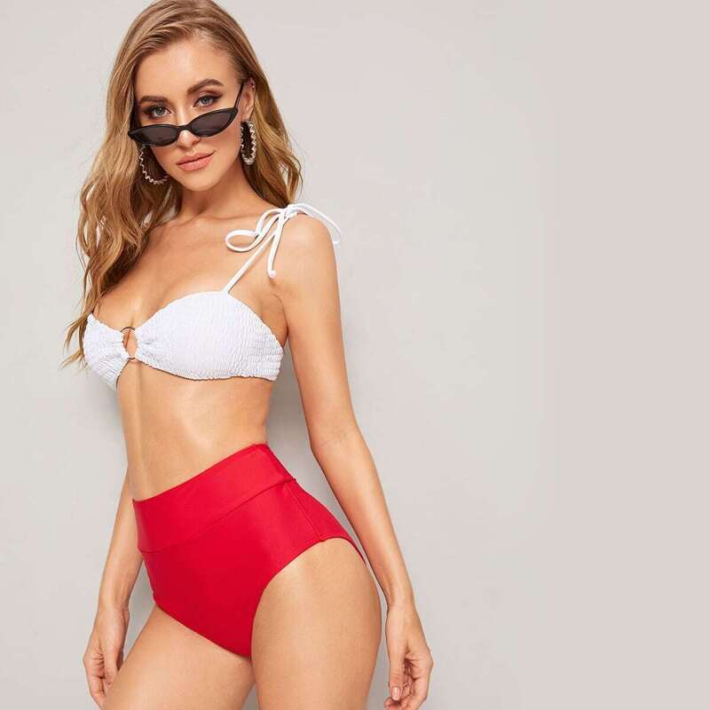 

Tie Shoulder Smocked Top With High Waist Bikini Set, Multicolor