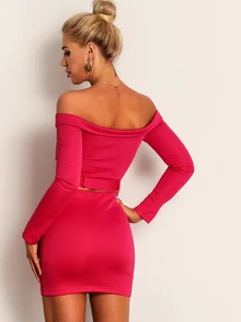 Conjunto cazadora corta de cuello doblado con botón con falda - Rosa Fucsia - Ver 2