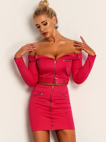 Conjunto cazadora corta de cuello doblado con botón con falda - Rosa Fucsia - Ver 3