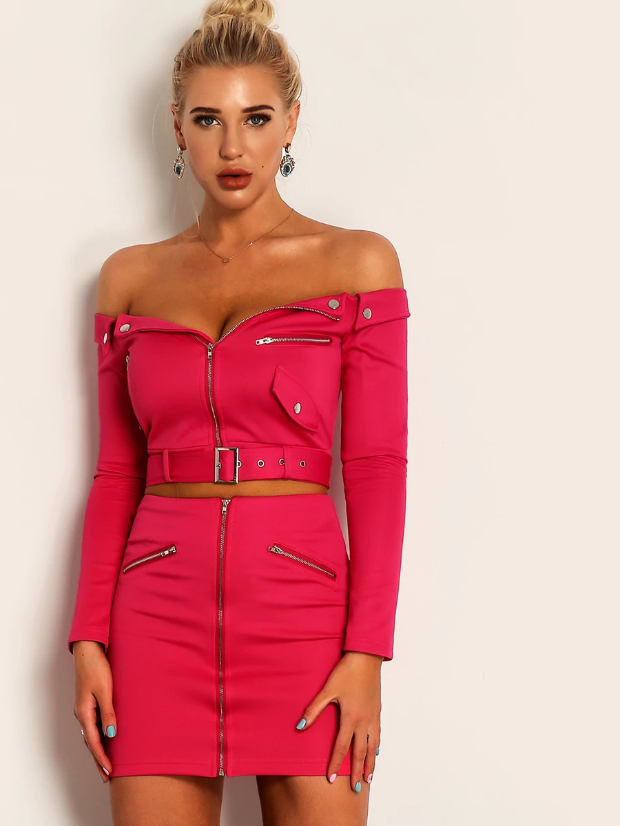 Conjunto cazadora corta de cuello doblado con botón con falda - Rosa Fucsia - Ver 1