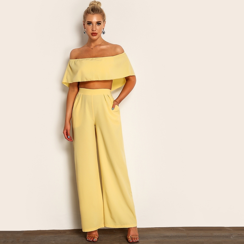

Cropped Cape Top & Wide Leg Pants Set, Yellow