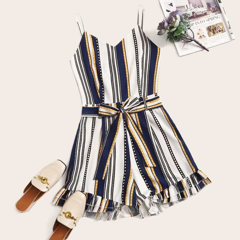 

Ruffle Hem Belted Striped Cami Romper, Multicolor