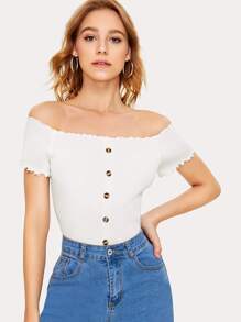 Button Front Lettuce Trim Rib Knit Bardot Tee