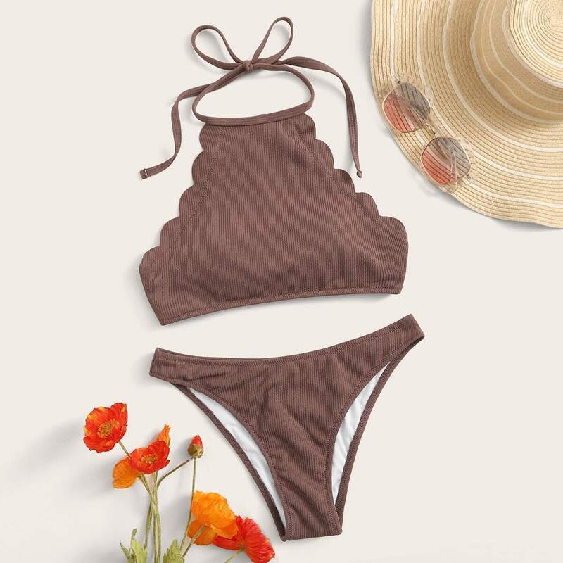 

Scallop Halter Top With Cheeky Bikini Set, Nude