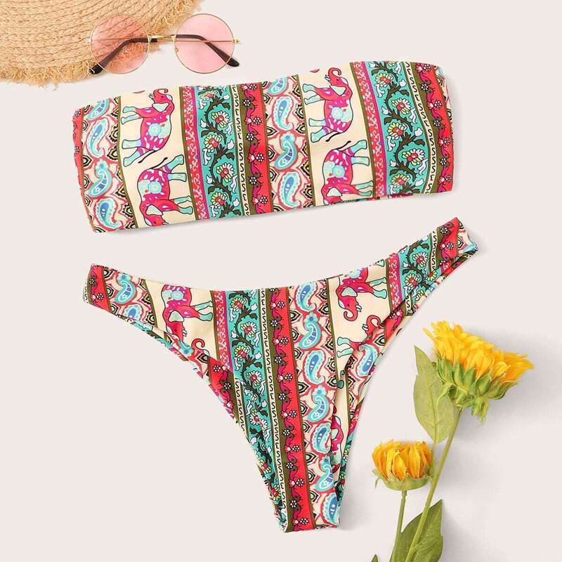 

Tribal Bandeau With High Cut Bikini Set, Multicolor