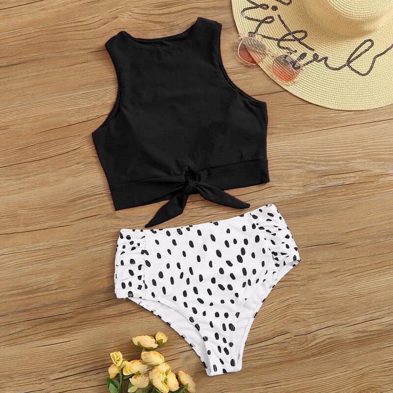 

Knot Front Top With Dot Bikini Set, Black and white