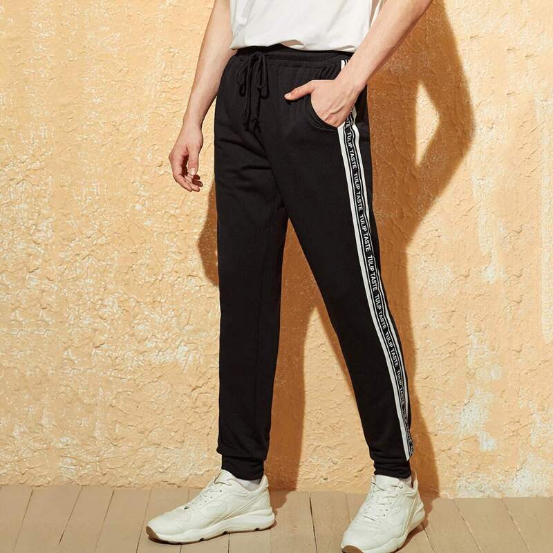 

Guys Drawstring Waist Letter Tape Side Sweatpants, Black