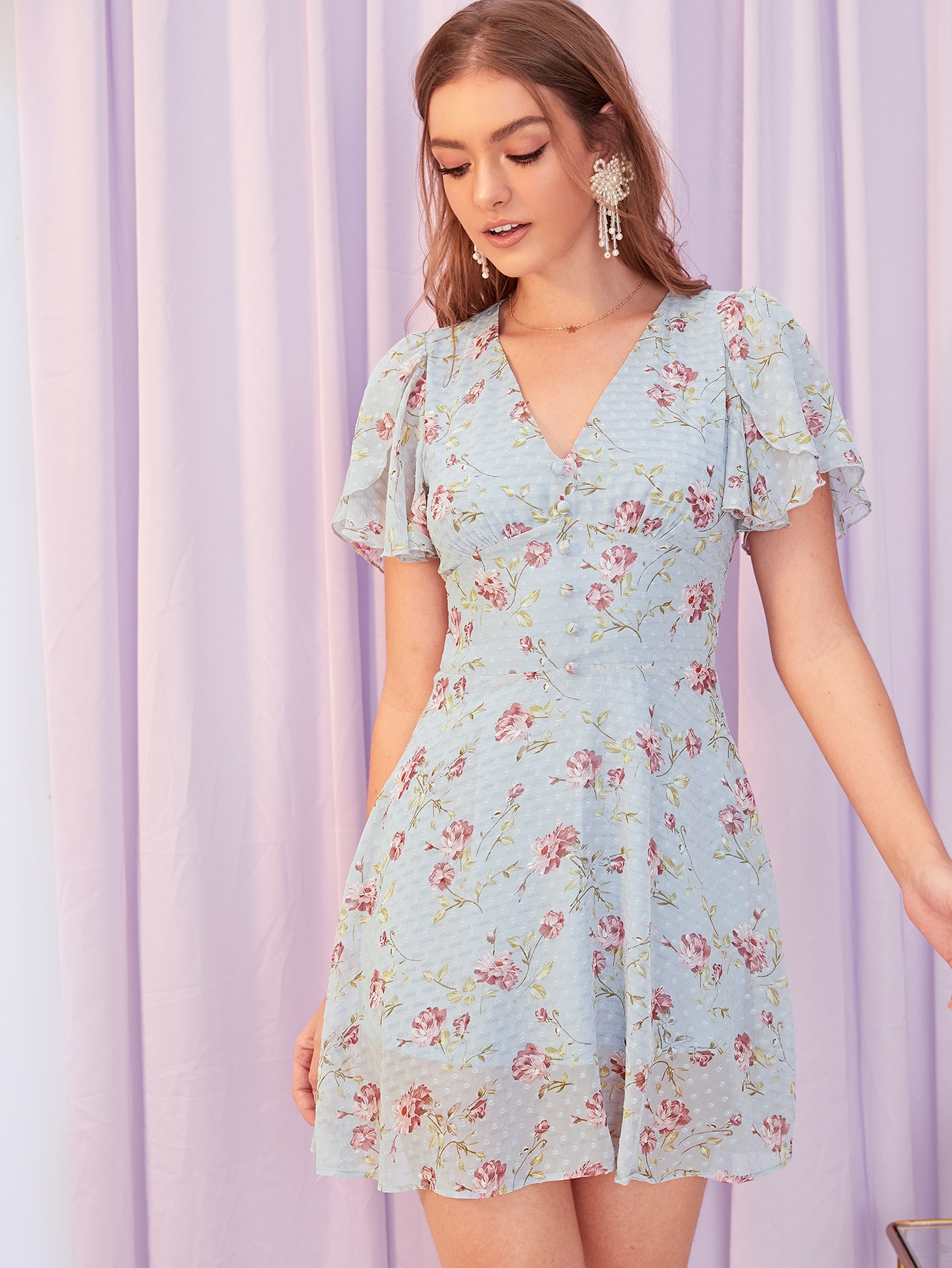 covered button front petal sleeve floral dress