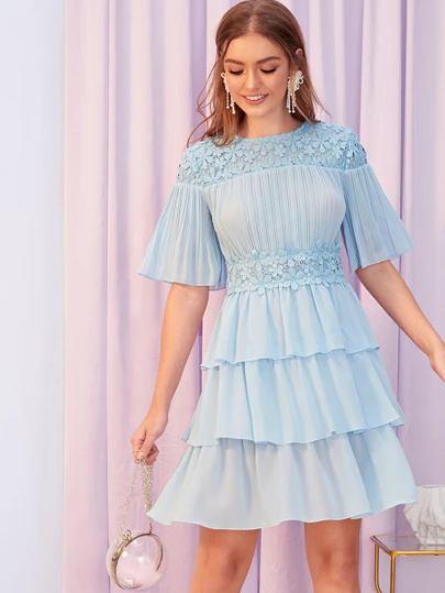 Guipure Lace Yoke and Waist Pleated Bodice Layered Dress