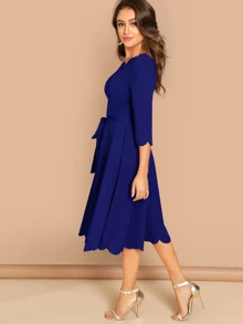 SHEIN Clasi Scallop Trim  Belted Fit & Flare Dress - Navy Blue - View 3