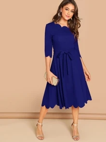 SHEIN Clasi Scallop Trim  Belted Fit & Flare Dress - Navy Blue - View 6