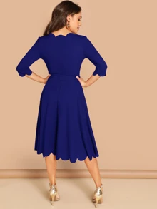 SHEIN Clasi Scallop Trim  Belted Fit & Flare Dress - Navy Blue - View 4