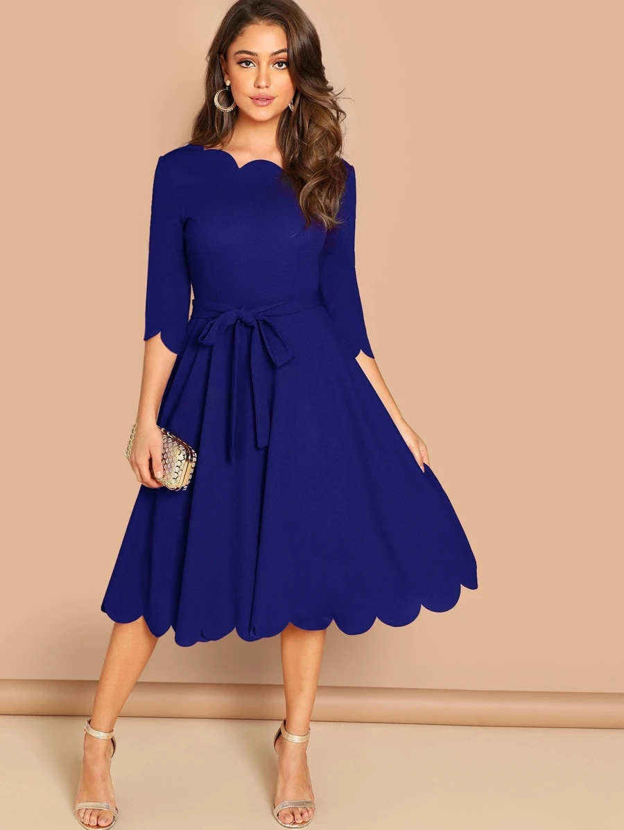 SHEIN Clasi Scallop Trim  Belted Fit & Flare Dress - Navy Blue - View 1