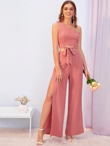 SHEIN Conjunto tank top con nudo delantero con un hombro con pantalones de muslo con abertura - Rosa vieja - Ver 3