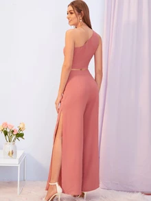 SHEIN Conjunto tank top con nudo delantero con un hombro con pantalones de muslo con abertura - Rosa vieja - Ver 2