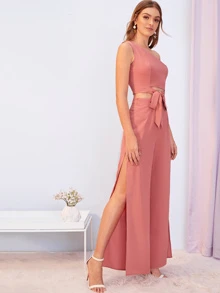 SHEIN Conjunto tank top con nudo delantero con un hombro con pantalones de muslo con abertura - Rosa vieja - Ver 4