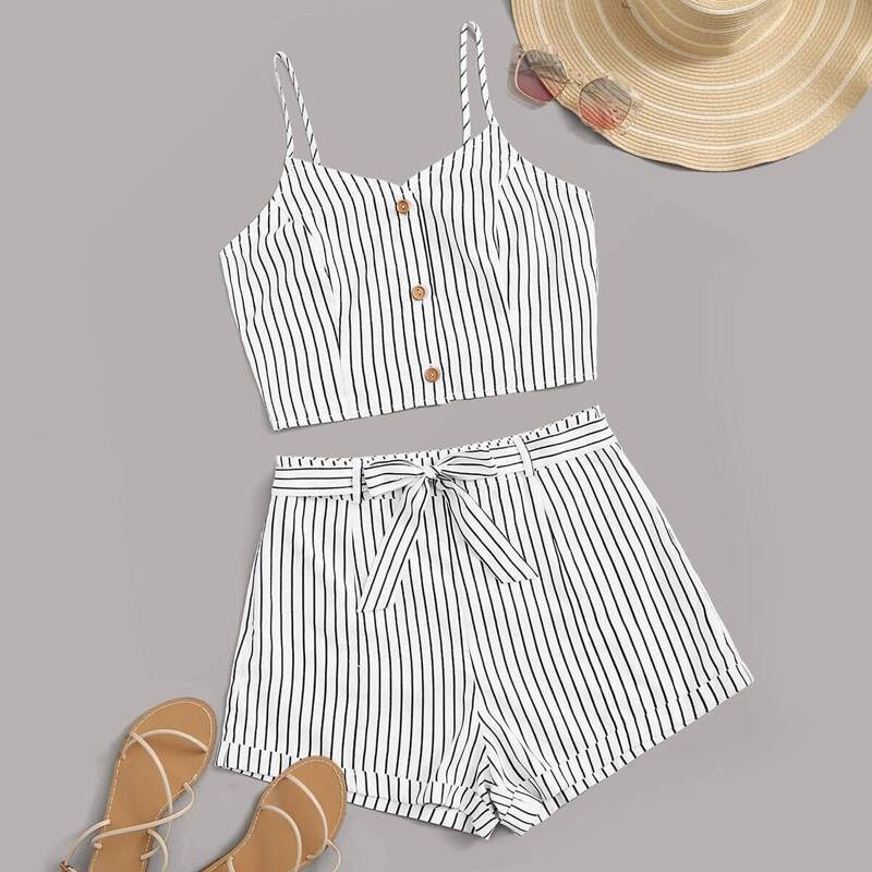 

Button Up Cami Top and Rolled Hem Shorts Set, Black and white