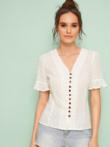 Eyelet Embroidery V-neck Button Front Blouse