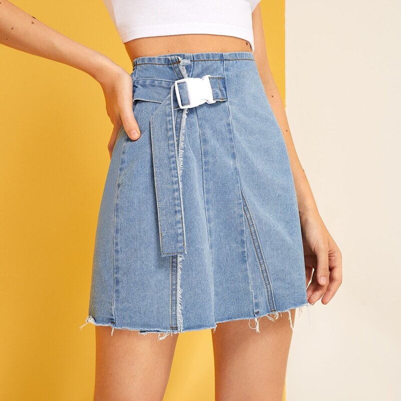 

Buckle Front Raw Hem Denim Skirt, Blue