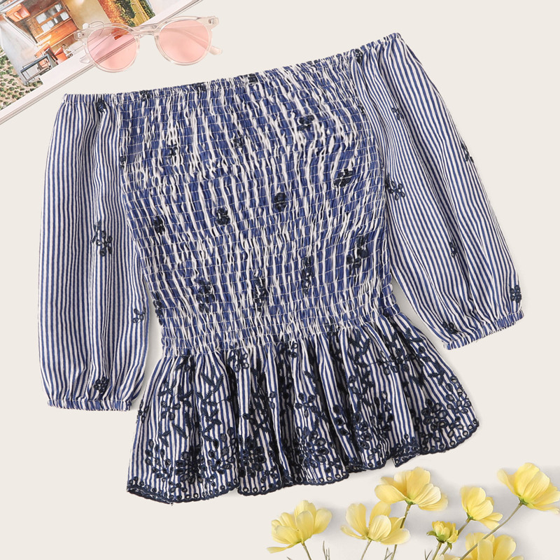 

Striped Eyelet Embroidery Shirred Peplum Blouse, Blue