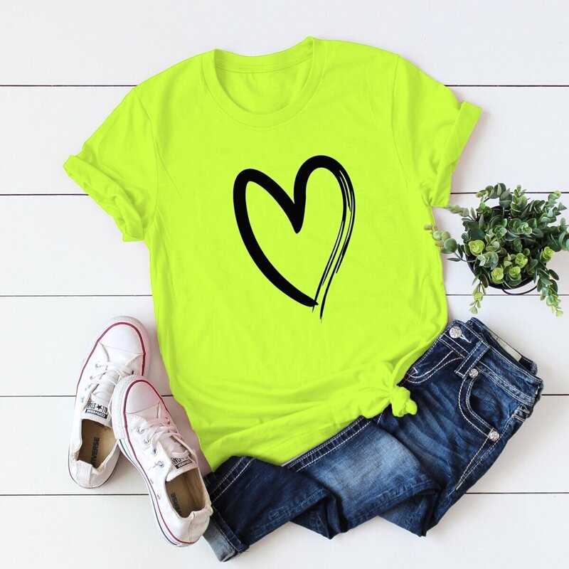 

Neon Green Heart Print Tee, Bright lime green