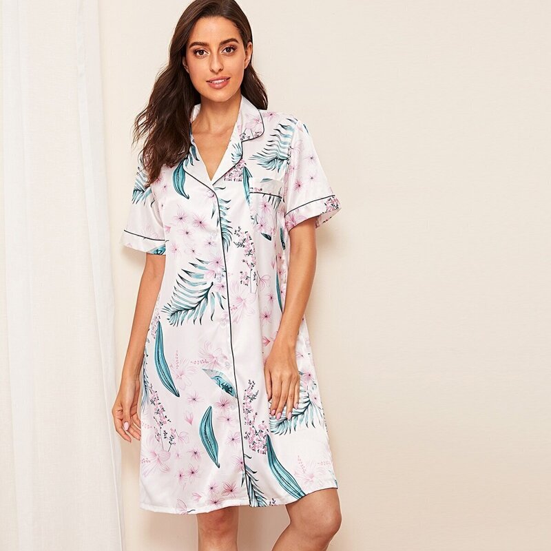 

Tropical Print Button-up Satin Shirt Dress, Multicolor