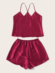 Satin Cami Top With Shorts PJ Set - Burgundy - View 2