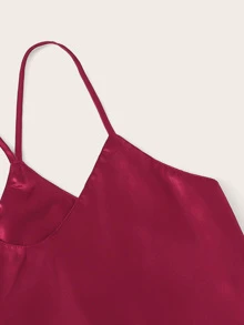 Satin Cami Top With Shorts PJ Set - Burgundy - View 4