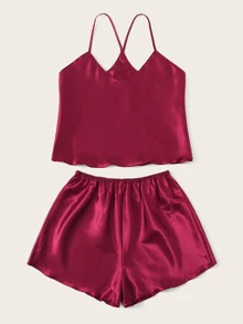 Satin Cami Top With Shorts PJ Set - Burgundy - View 3