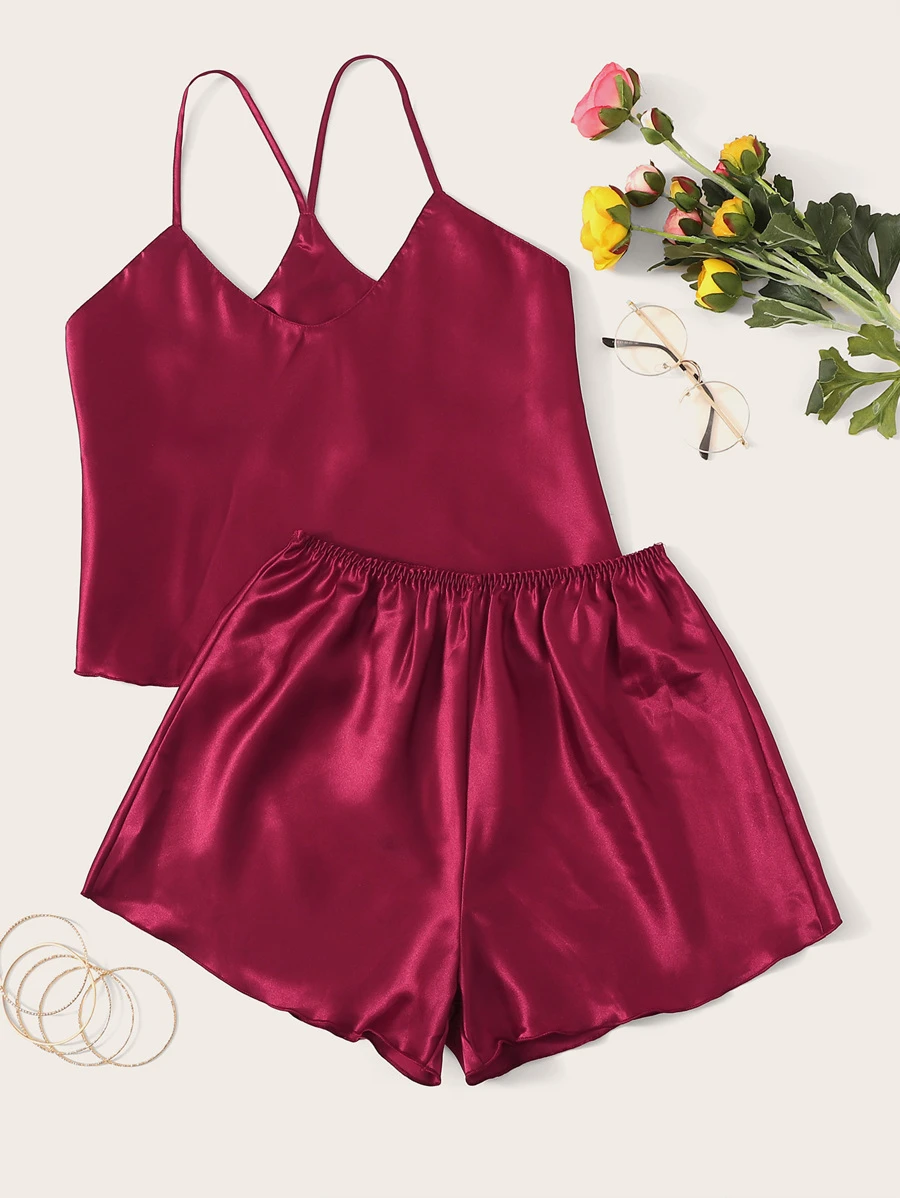 Satin Cami Top With Shorts PJ Set - Burgundy - View 1