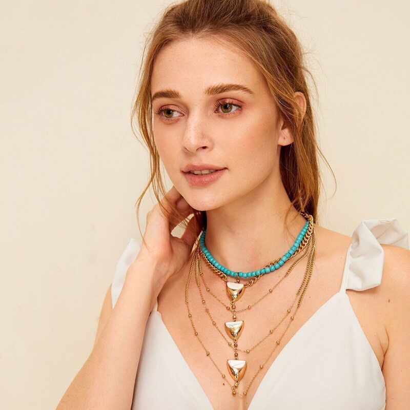 

Marble & Ball Decor Layered Beaded Chain Necklace 1pc, Multicolor