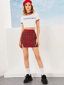 Falda lápiz mini bajo con abertura con estampado de tartán - Multicolor - Ver 3