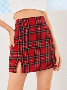 Falda lápiz mini bajo con abertura con estampado de tartán - Multicolor - Ver 4
