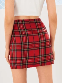 Falda lápiz mini bajo con abertura con estampado de tartán - Multicolor - Ver 2