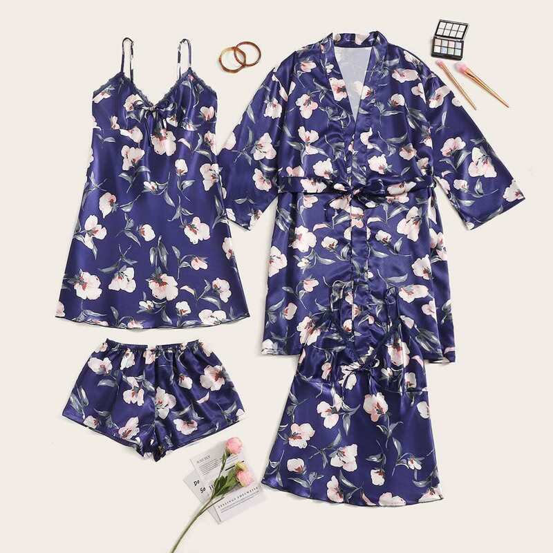 

4pcs Floral Print Satin Pajama Set With Robe, Navy