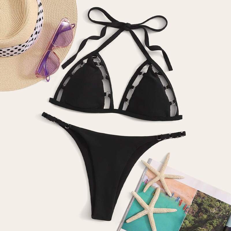 

O-ring Triangle Halter Top With Tanga Bikini, Black