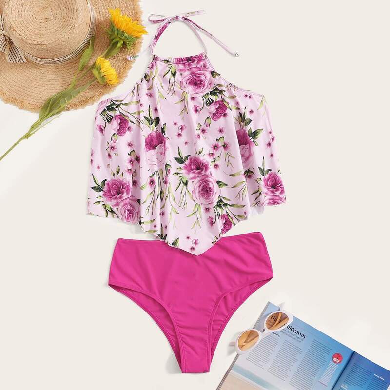 

Random Floral Halter Top With High Waist Tankini, Multicolor