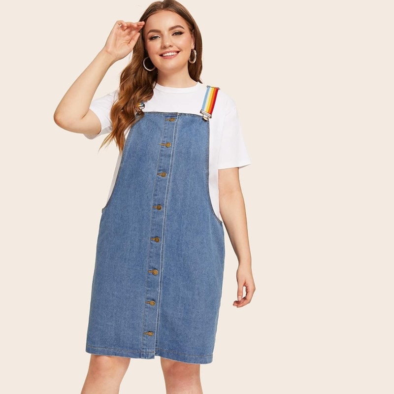 

Plus Button Front Denim Straps Dress, Blue