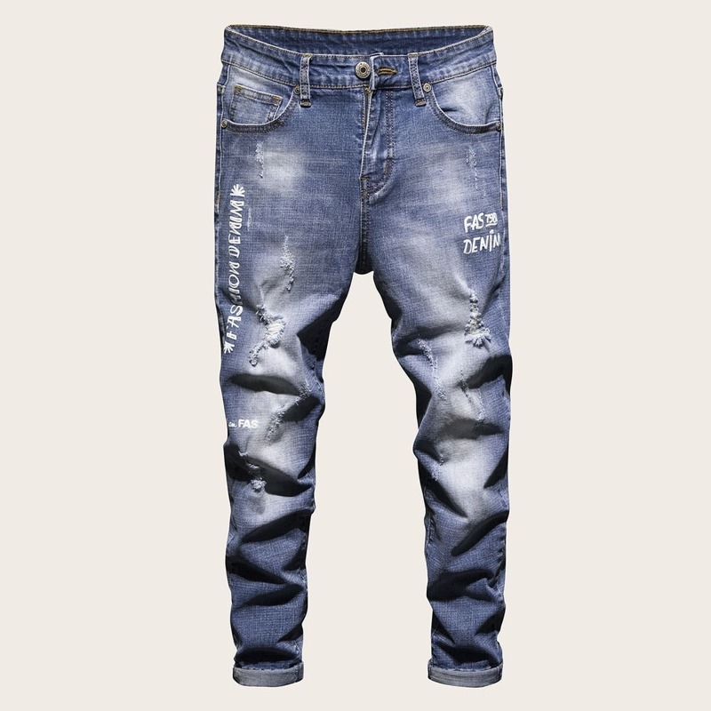 

Guys Letter Print Ripped Jeans, Blue