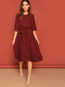 SHEIN Zip Back Knot Front Pleated Dress - Burgundy - View 4