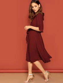 SHEIN Zip Back Knot Front Pleated Dress - Burgundy - View 3