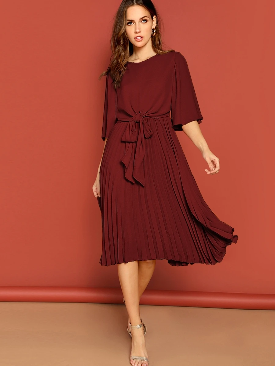 SHEIN Zip Back Knot Front Pleated Dress - Burgundy - View 1