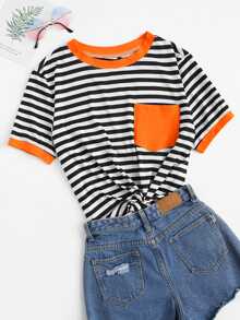 SHEIN EZwear Camiseta ringer con bolsillo de rayas - grande - Blanco y Negro - Ver 1