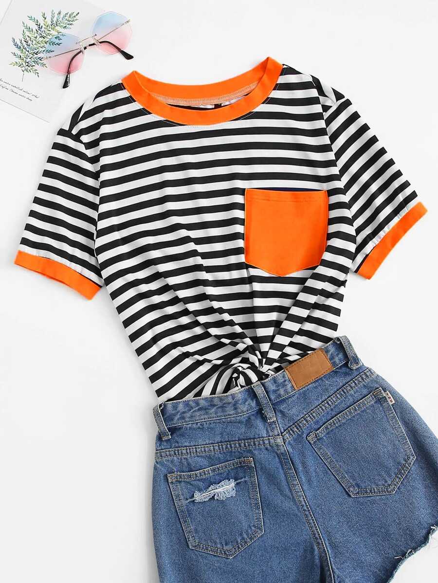 SHEIN EZwear Camiseta ringer con bolsillo de rayas - grande - Blanco y Negro - Ver 1